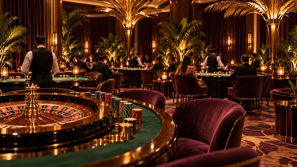 Table games in the windowless gaming hall at Palmora under warm golden light
