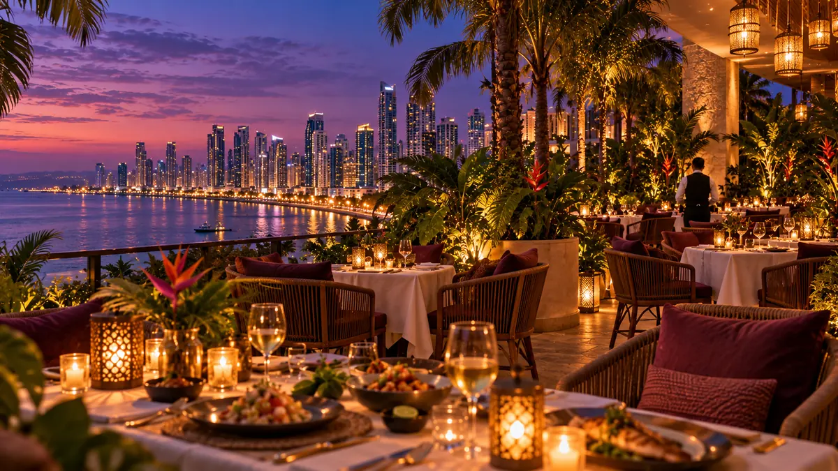 Palmora terrace restaurant with tables under palm leaves and the evening lights of the bay
